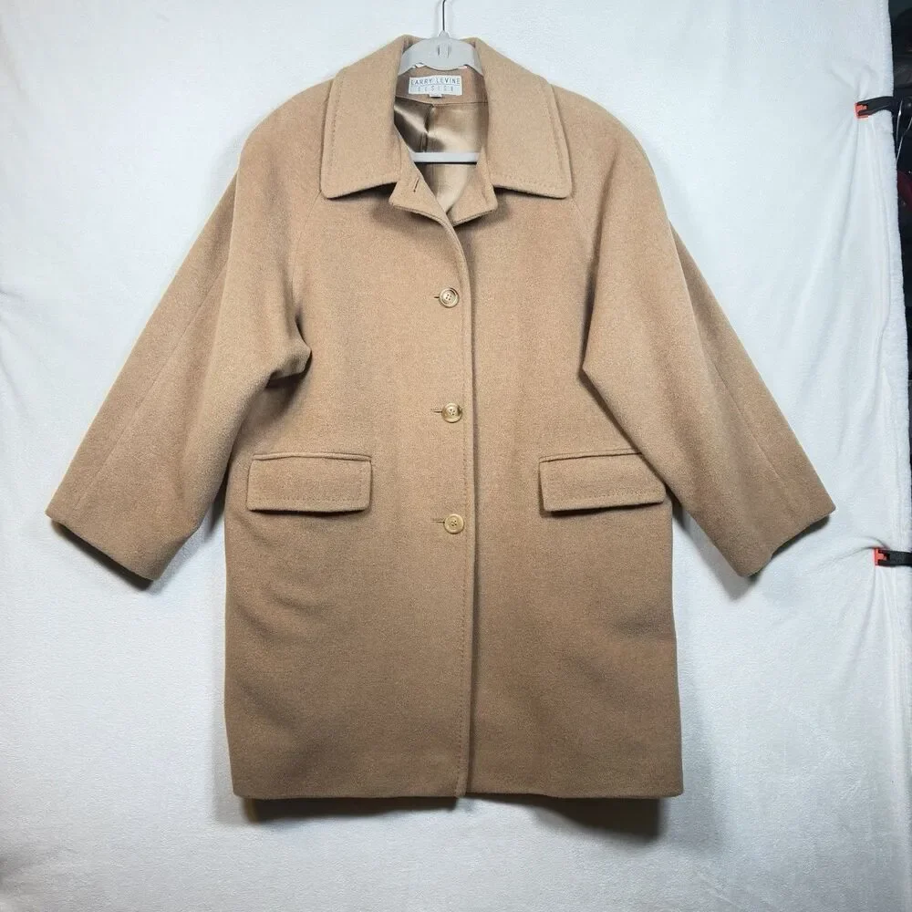 Larry Levine 100% Camel Hair Coat 14P Petite Tan Natural Overcoat Italy Fabric
